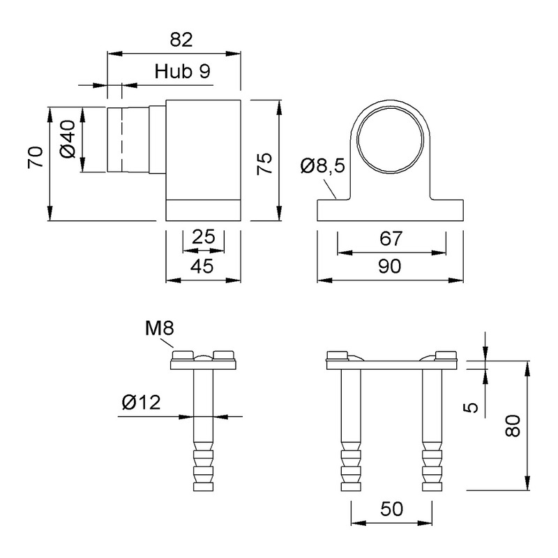 Maßzeichnung KWS 2026 Türpuffer: Ausladung 82 mm, Höhe 75 mm, Grundplatte 90 x 45 mm, Puffer Ø 40 mm