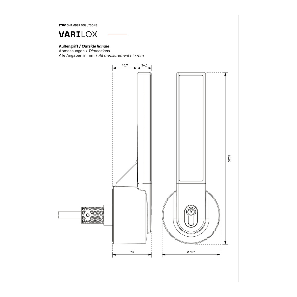 Maßzeichnung STUV VARILOX Außenhebel aus Kunststoff: 317,5 mm hoch, Rosette ø 107 mm, 73 mm tief