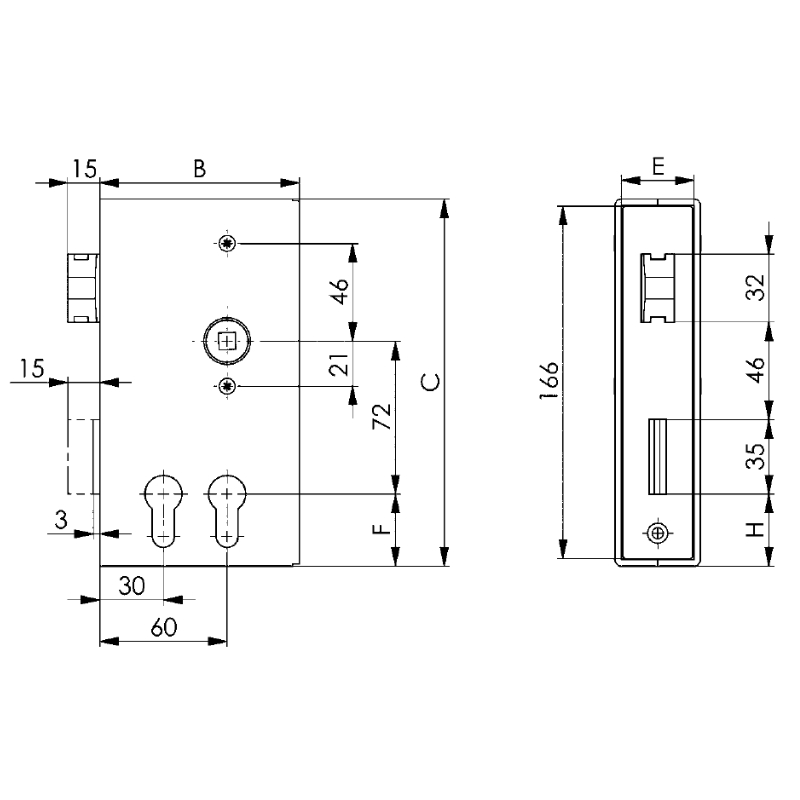 Zeichnung - AMF 140DD Schlosskasten für Dreikant- und Profilzylinder