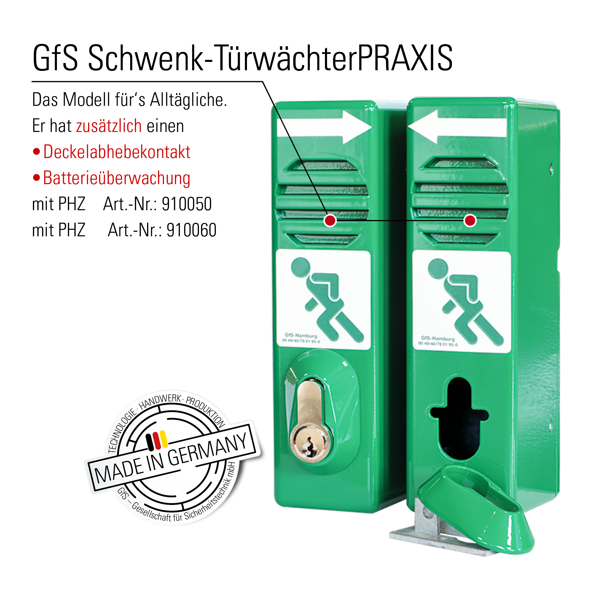 GfS Schwenk-Türwächter PRAXIS 910050 – Hauptansicht mit Batterieüberwachung