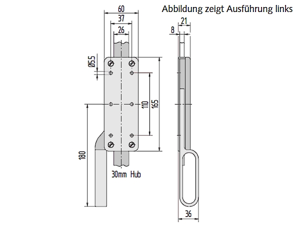 Falttor-Treibriegel für Flachstangen 26 x 8 mm