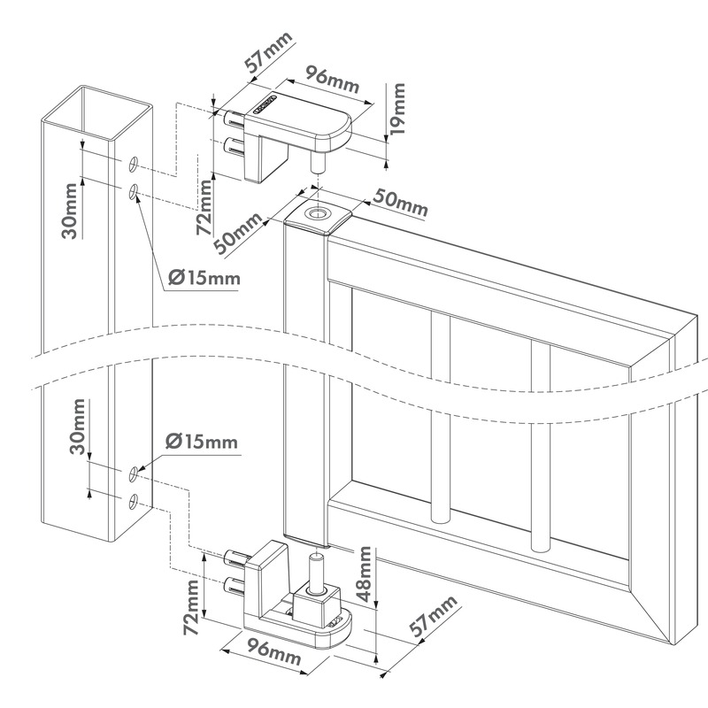 Locinox NOSEHINGE-I-50 Maßzeichnung mit Bohrbild und Abmessungen