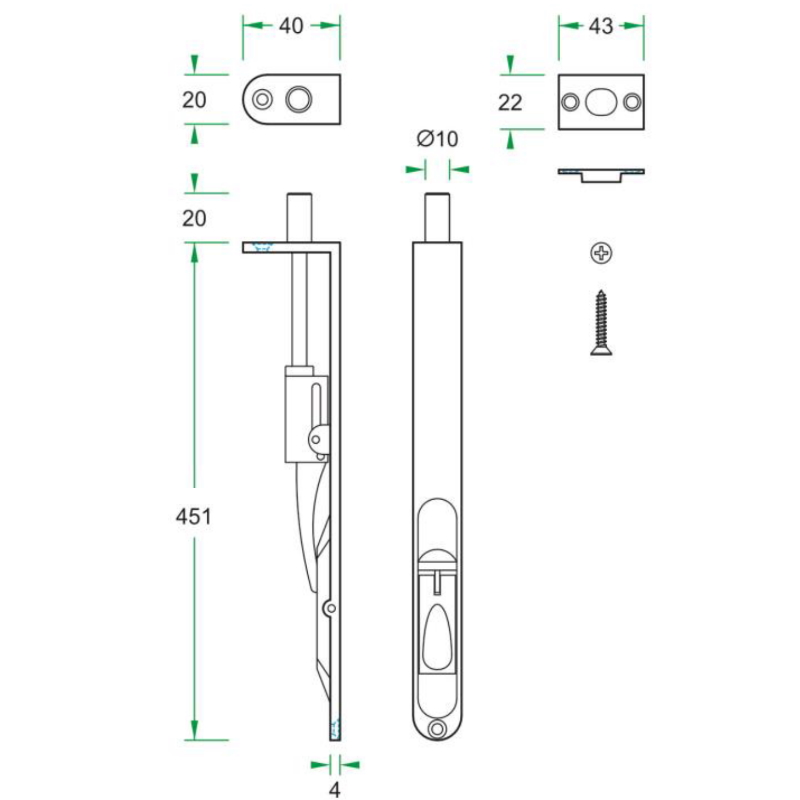 Zeichnung - Türkantriegel mit Kipphebel - 45 cm