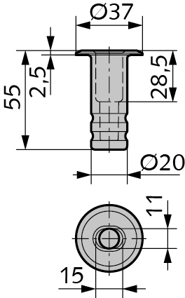 WSS Bodenbuchse 07.230, Maßzeichnung: Kragen Ø 37 mm, Hülse Ø 20 mm, Länge 55 mm