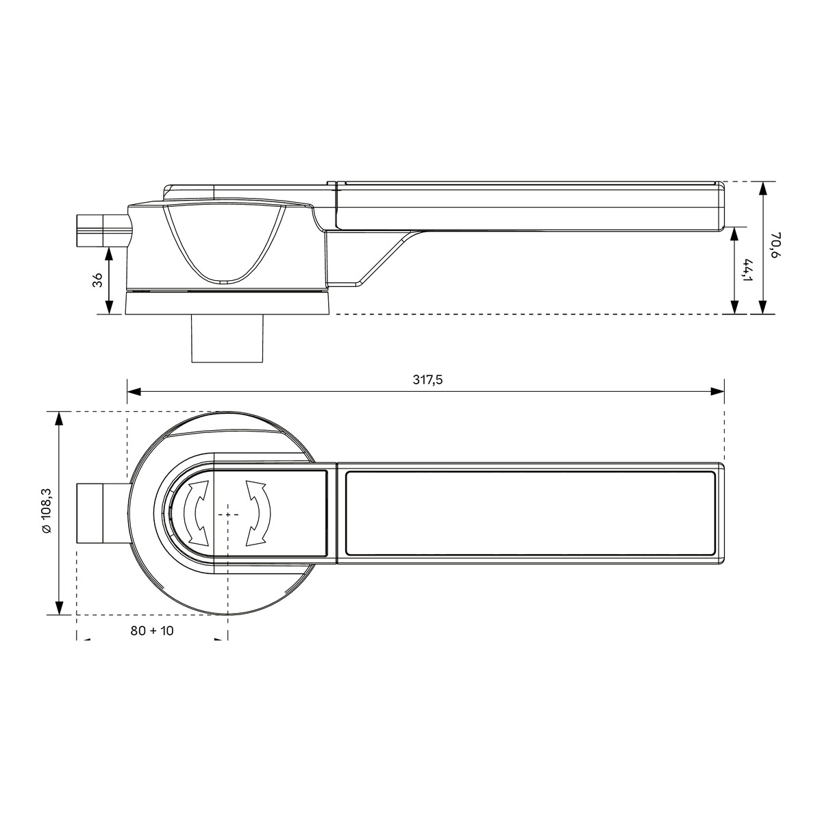 Maßzeichnung STUV VARILOX Innenhebel aus Kunststoff: 317,5 mm lang, Rosette ø 108,3 mm, Dornmaß 80 mm mit 10 mm Toleranzausgleich