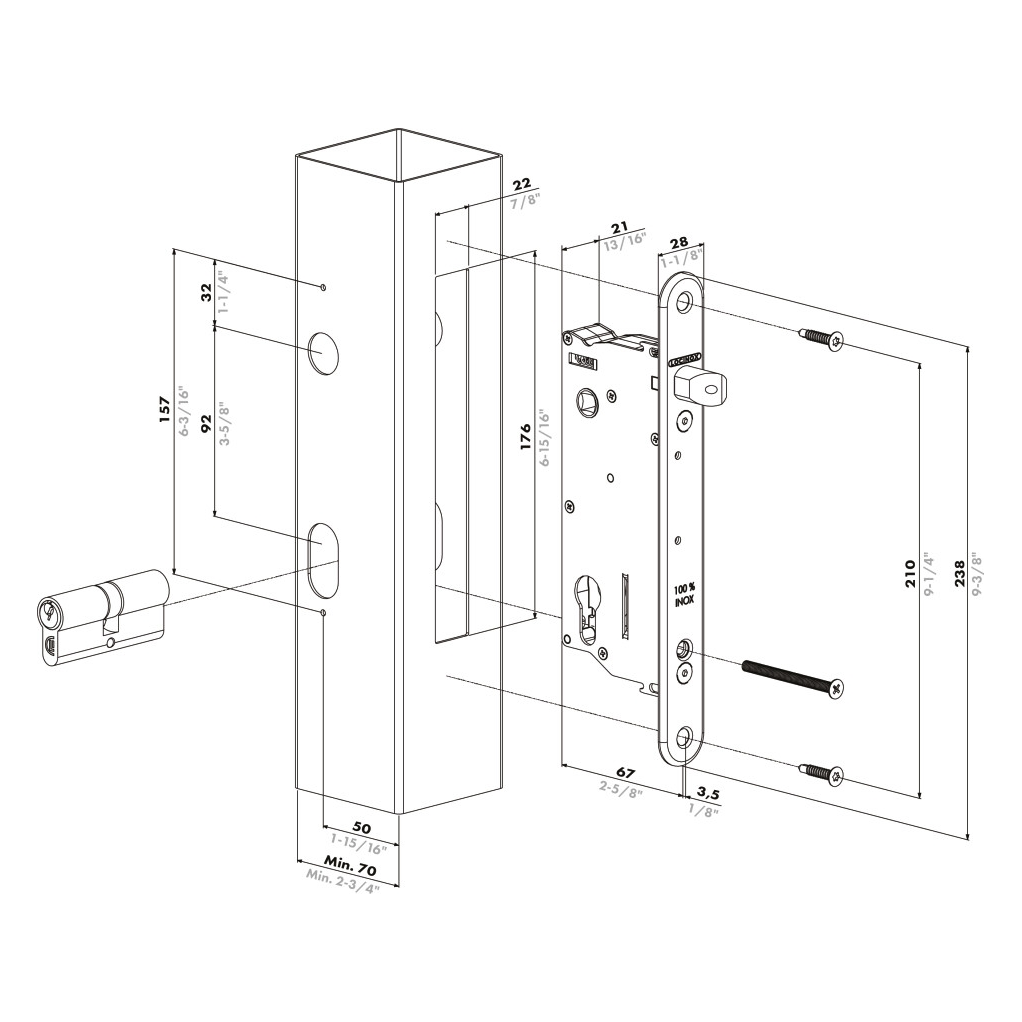 Maßzeichnung Locinox SEVENTYLOCK-A mit Abmessungen