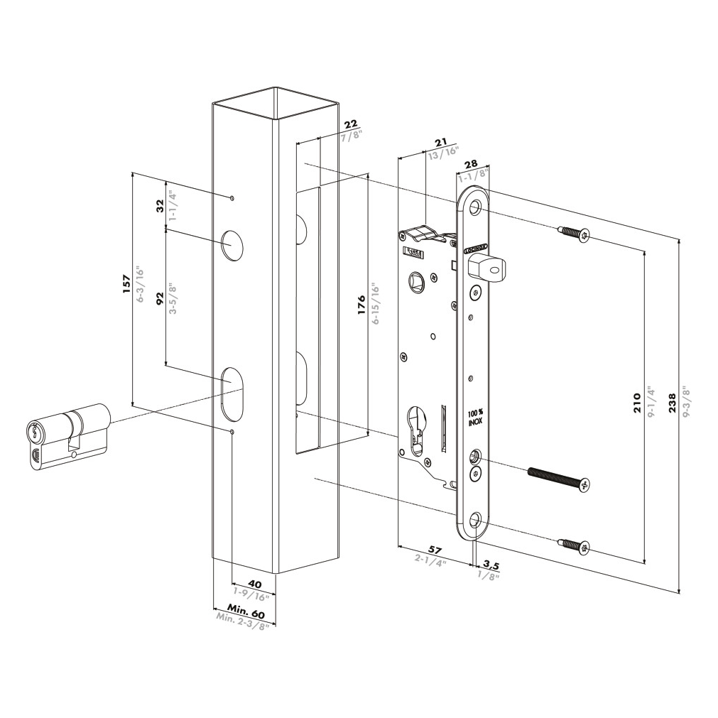 Maßzeichnung Locinox SIXTYLOCK-A mit Abmessungen