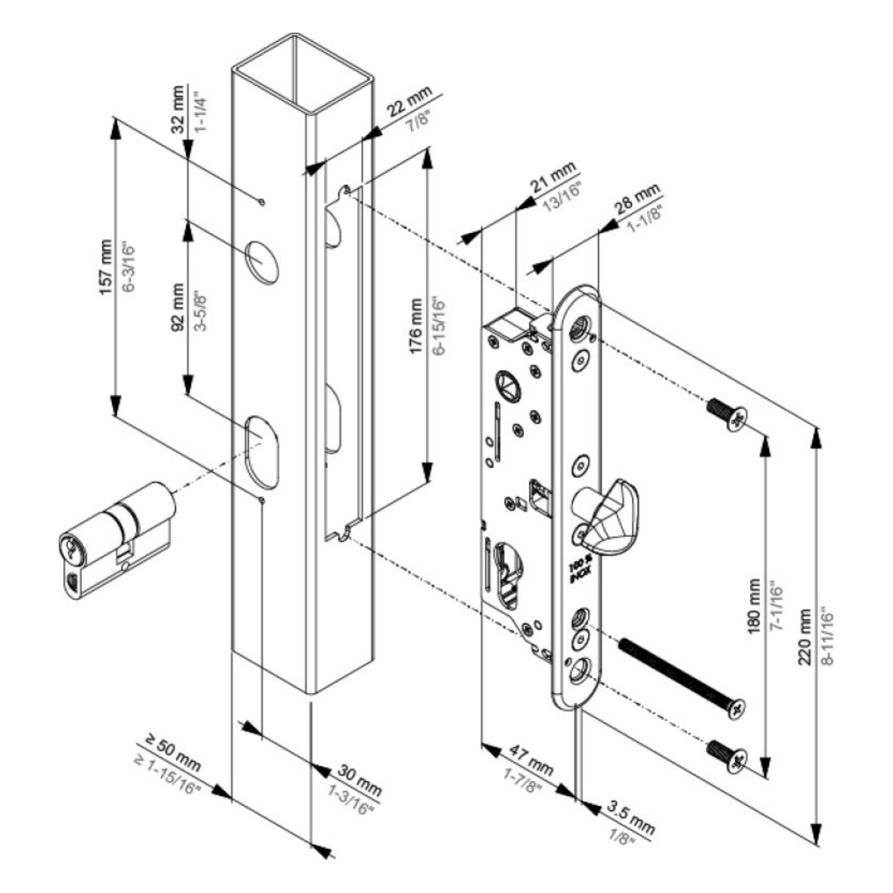 Maßzeichnung Locinox FIFTYLOCK-S: Dornmaß 30 mm, Kastentiefe 47 mm, UNIWING-Ausschnitt 22 x 176 mm