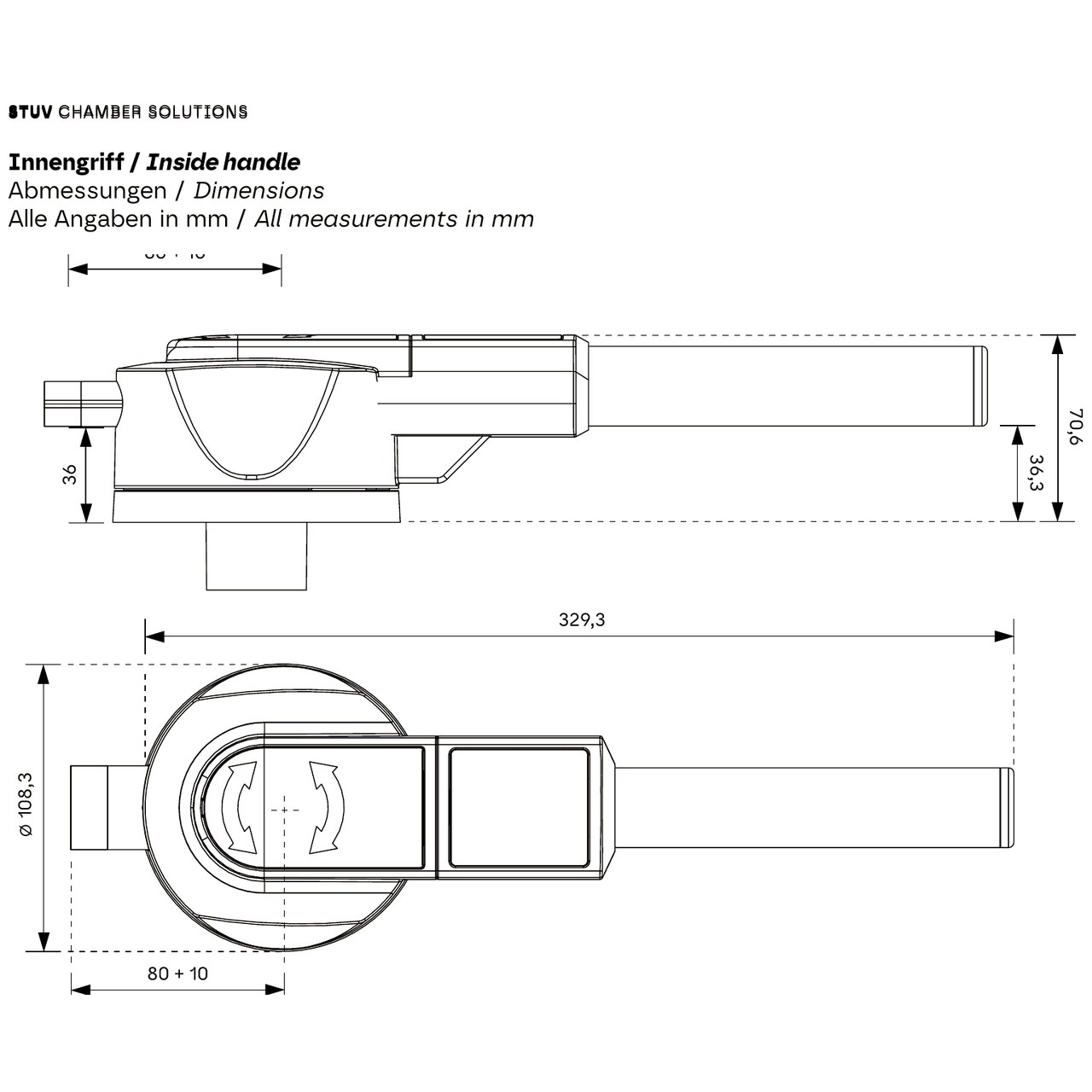 Maßzeichnung STUV VARILOX Innengriff: 329,3 mm lang, Rosette ø 108,3 mm, Dornmaß 80 mm mit 10 mm Toleranzausgleich