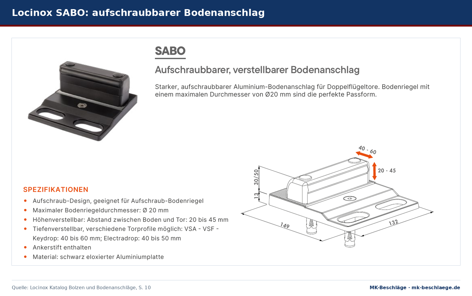 Locinox SABO Bodenanschlag als Foto und Maßzeichnung mit Spezifikationen, höhenverstellbar 20 bis 45 mm Locinox SABO Bodenanschlag als Foto und Maßzeichnung mit Spezifikationen, höhenverstellbar 20 bis 45 mm