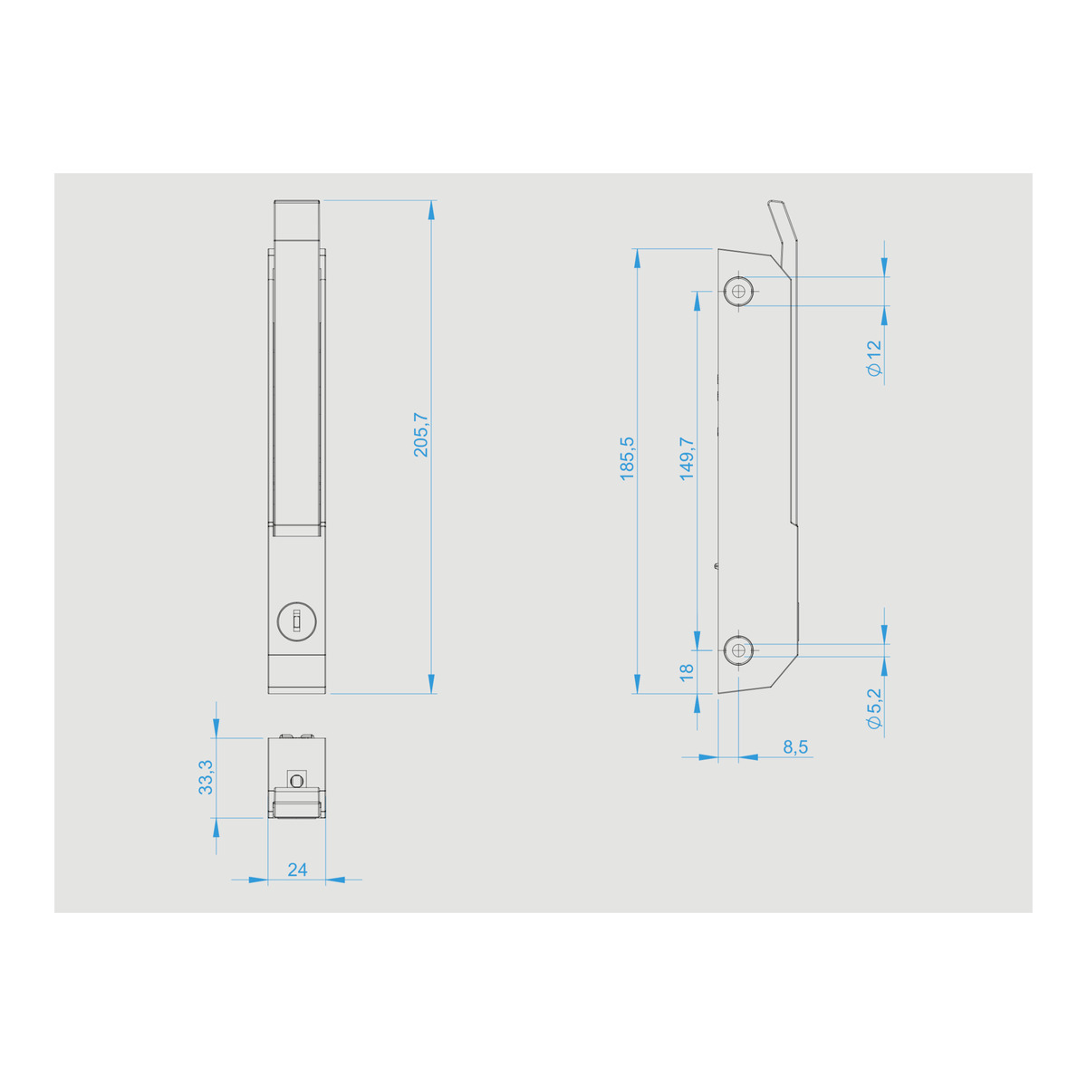 Maßzeichnung Rahrbach 6188 ERGO mit Schloss, Lochabstand 149,7 mm
