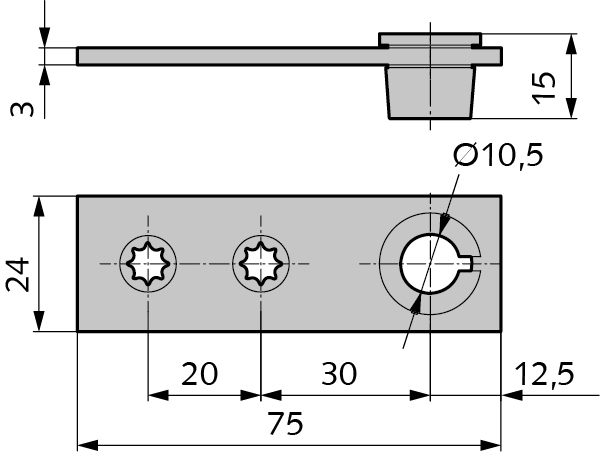 WSS Stangenführung unten, Maßzeichnung: Platte 75 x 24 mm, 3 mm, Bohrung Ø 10,5 mm