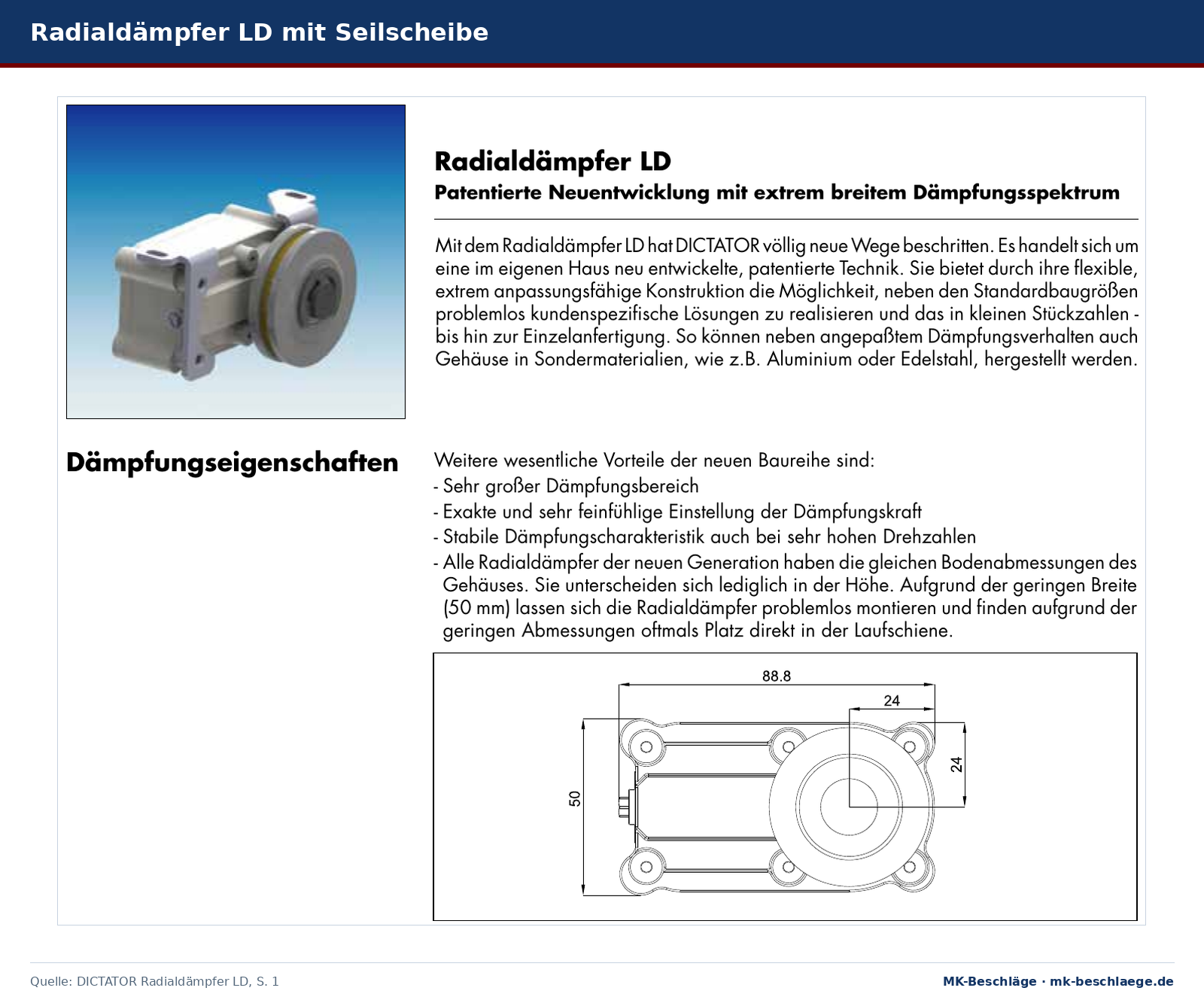 DICTATOR Radialdämpfer LD mit Seilscheibe als Produktfoto und Maßskizze des Gehäuses