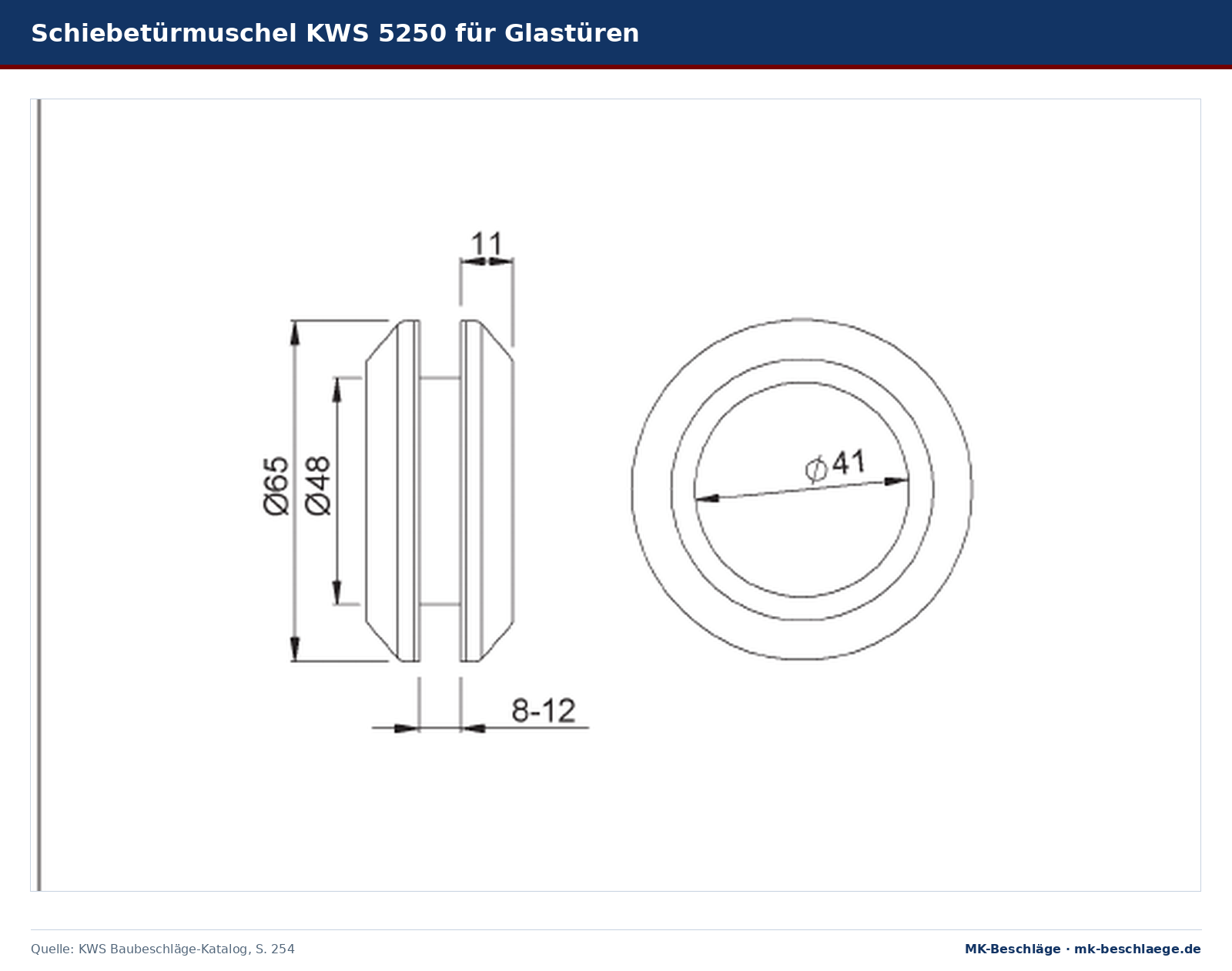 Maßzeichnungen der Schiebetürmuscheln KWS 5250 für Glastüren und KWS 5251 für Holztüren