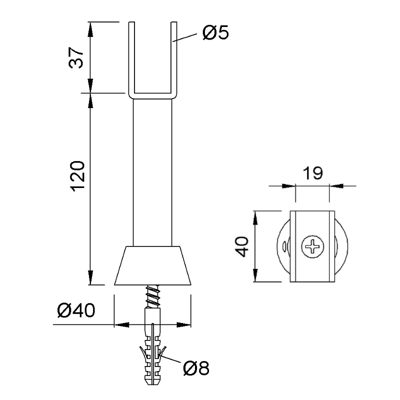 Zeichnung - KWS 4222 Trennwandstütze - 120 mm - U-Form-Auflage