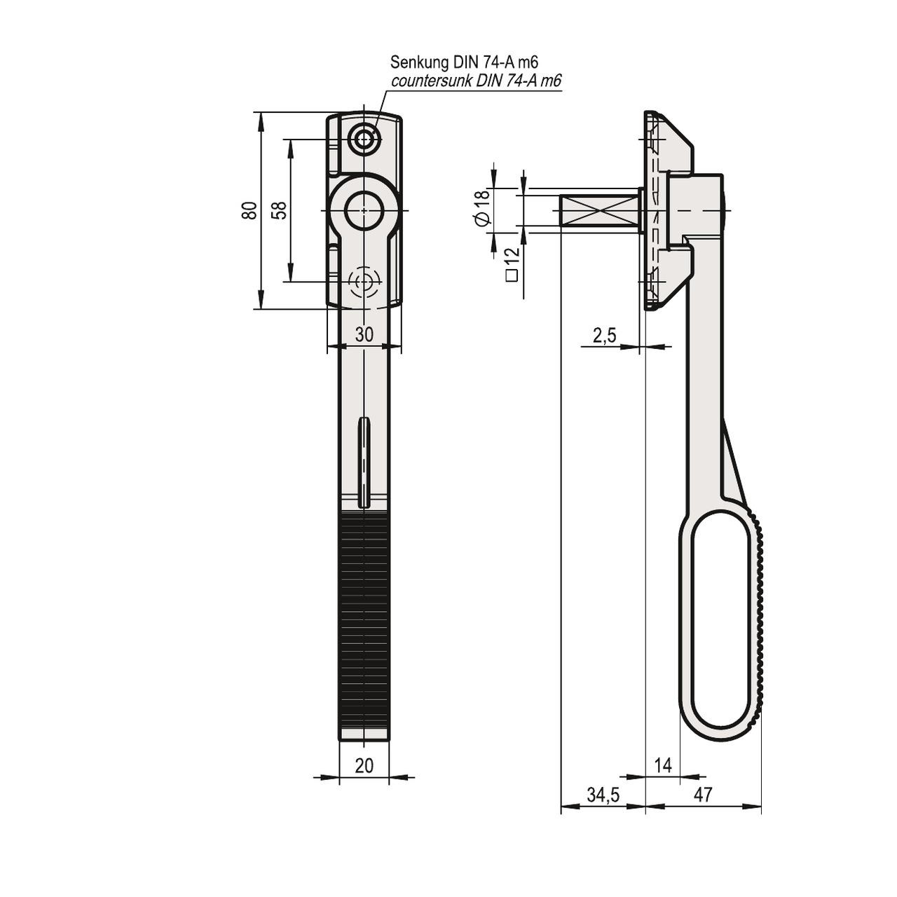 Schlaufenhebel 1.72.0008.0 Maßzeichnung: Grundplatte 80 x 30 mm, Lochabstand 58 mm, Vierkantstift 12 mm