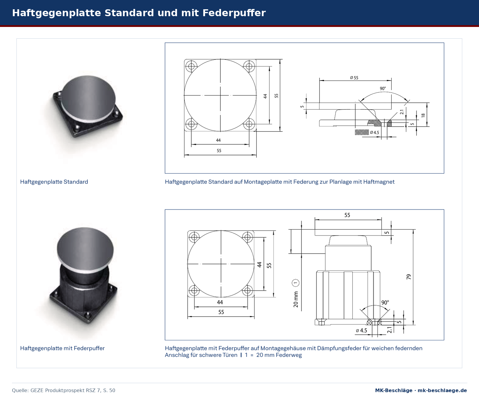 GEZE Haftgegenplatte Standard und Haftgegenplatte mit Federpuffer, jeweils als Foto und Maßzeichnung