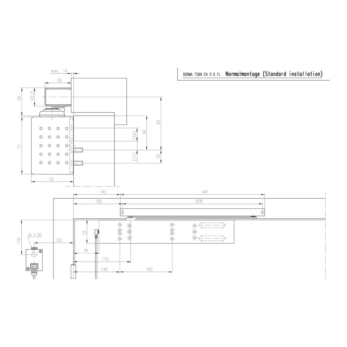 Maßzeichnung Dorma TS 99 FL Normalmontage (Türblattmontage) Bandseite, 53320201