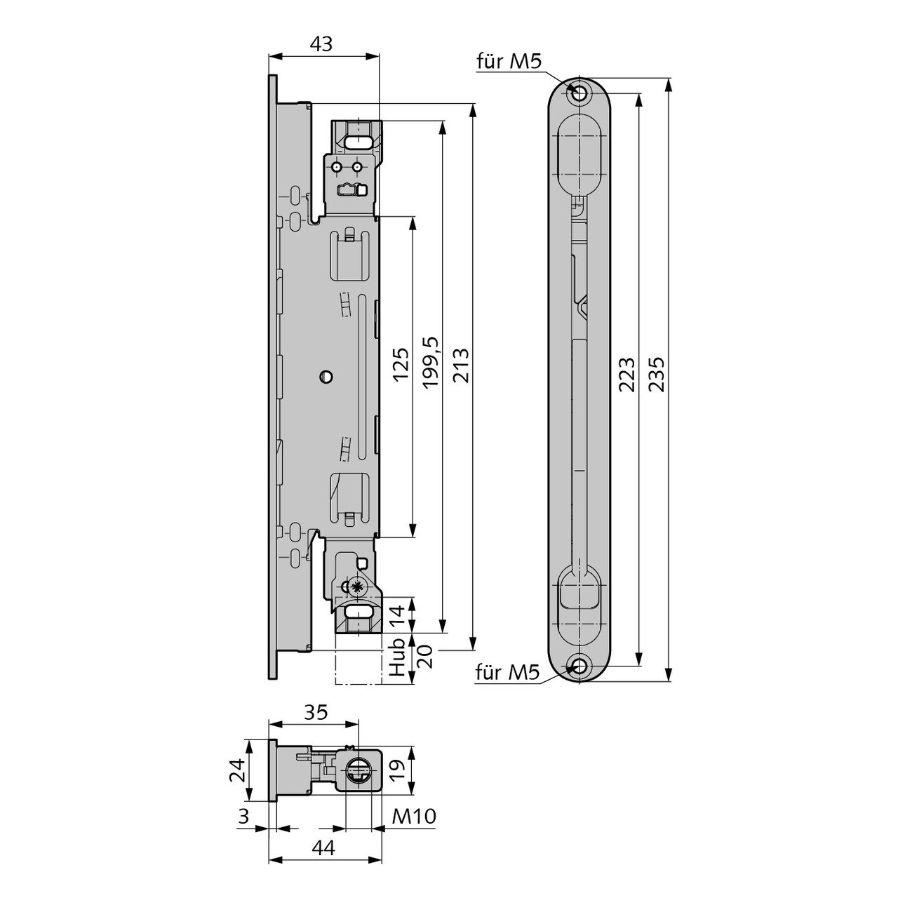 WSS Kantriegel VARIO LINE abgerundet, Maßzeichnung: Stulp 24 x 3 mm, Länge 235 mm, Lochabstand 223 mm, Hub 20 mm