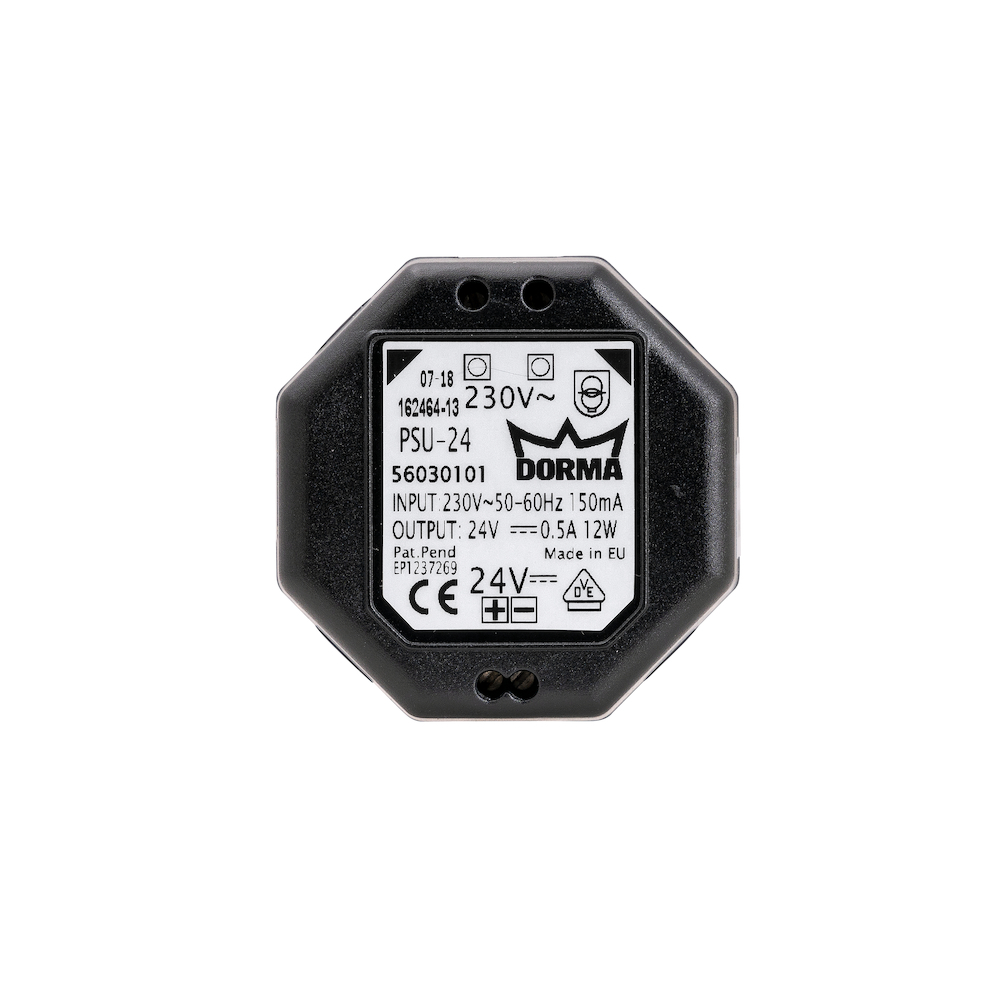 Typenschild Dorma PSU 24, Eingang 230 V AC, Ausgang 24 V DC 12 W, Artikelnummer 56030101