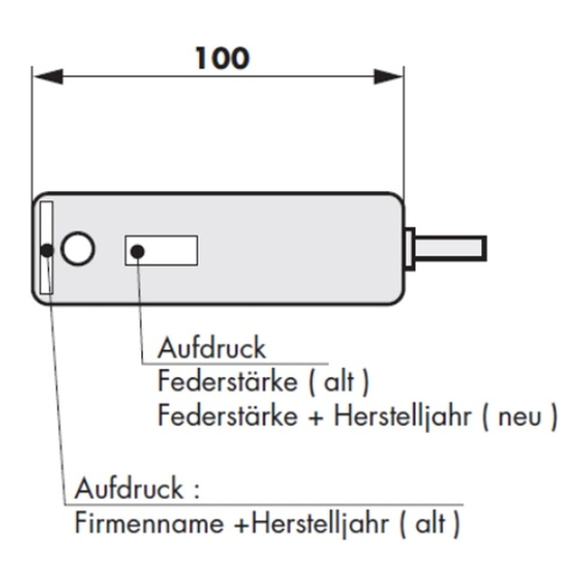 Zeichnung Dictator Ersatzzylinder Typ D für VS 2000, 100 mm, mit Aufdruck der Federstärke