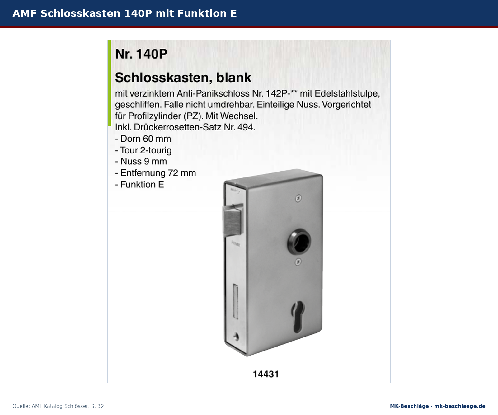 AMF Schlosskasten Nr. 140P blank mit Anti-Panikschloss, Dorn 60 mm, Entfernung 72 mm, Funktion E AMF Schlosskasten Nr. 140P blank mit Anti-Panikschloss, Dorn 60 mm, Entfernung 72 mm, Funktion E