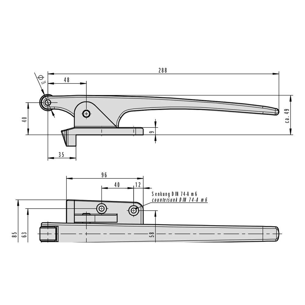 STUV Aussenhebel 3.31.0050.0 - technische Zeichnung mit Massen