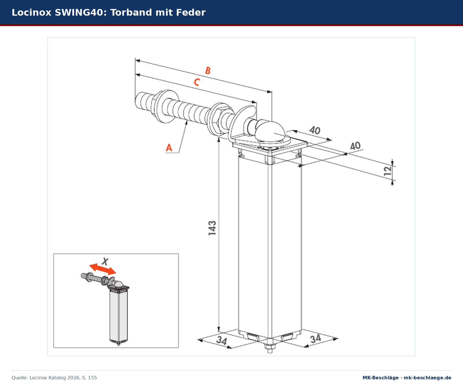 Maßzeichnung des Locinox SWING40 Torbands mit Feder im Vierkantrahmen 40 x 40 mm mit den Maßen A, B und C Maßzeichnung des Locinox SWING40 Torbands mit Feder im Vierkantrahmen 40 x 40 mm mit den Maßen A, B und C