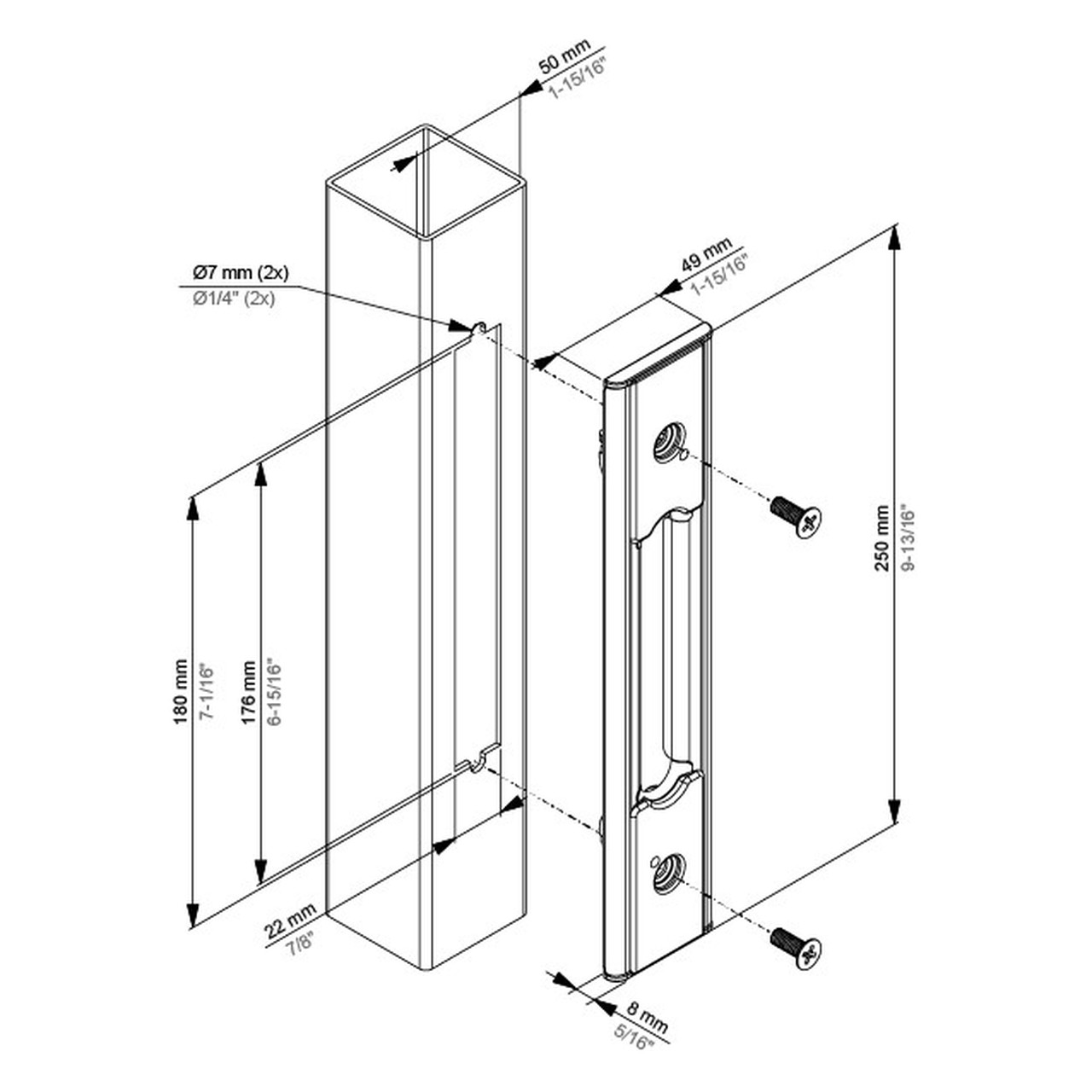 Maßzeichnung Locinox SFKS: 250 x 49 x 8 mm, Ausklinkung 22 x 176 mm, Bohrbild 180 mm