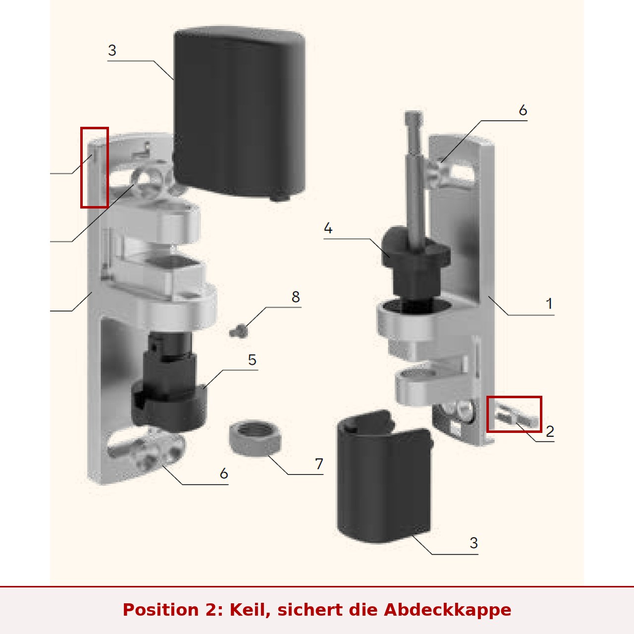 Explosionsdarstellung STUV VARIOFLEX2 mit rot markierter Position 2, dem Keil aus Kunststoff, der die Abdeckkappe am Scharnierbock sichert