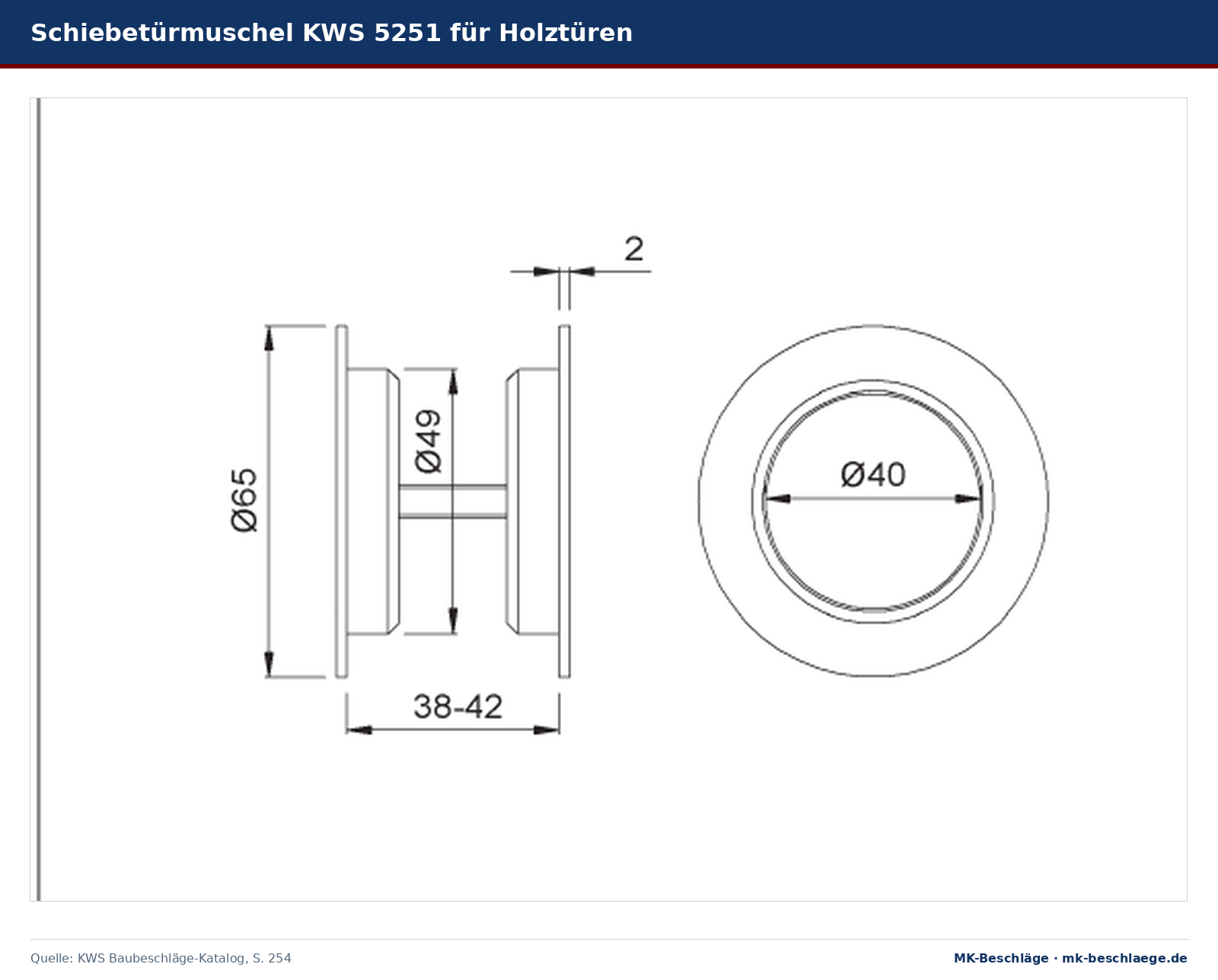 Maßzeichnungen der Schiebetürmuscheln KWS 5250 für Glastüren und KWS 5251 für Holztüren