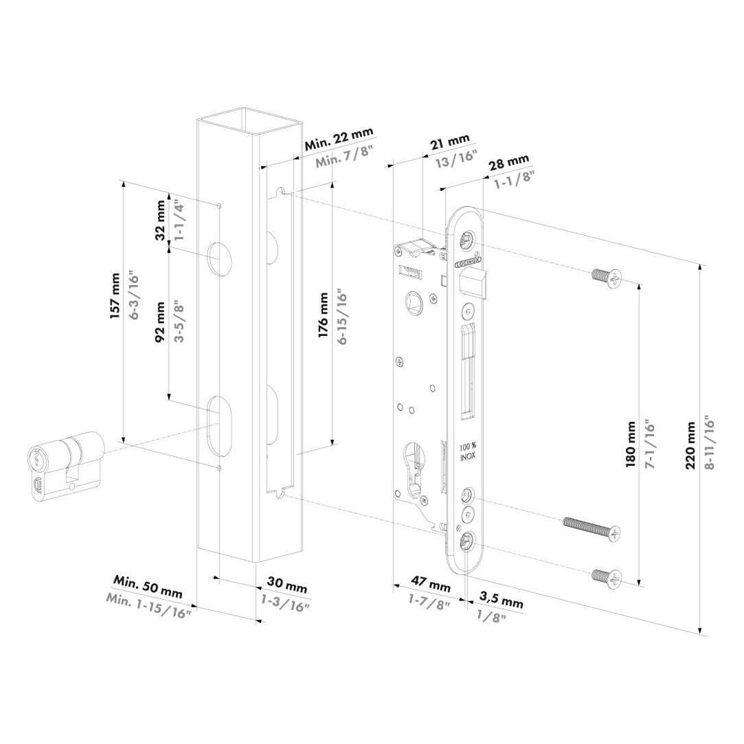 Maßzeichnung Locinox FIFTYLOCK mit Abmessungen