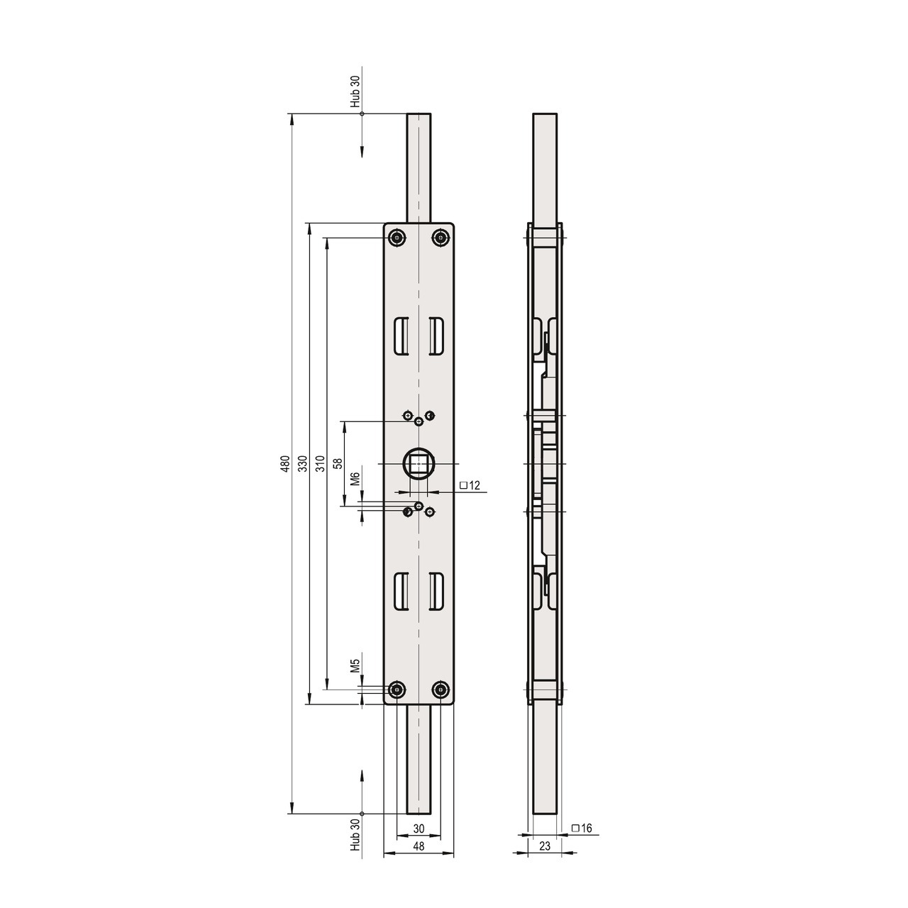 Falttorbasquille 1.72.0001 Maßzeichnung: Gesamtlänge 480 mm, Vierkantnuss 12 mm, Stangenansatz Vierkant 16 mm, Hub 30 mm