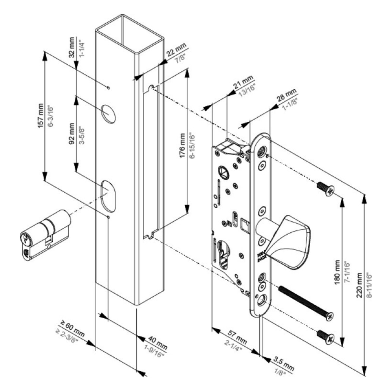 Maßzeichnung Locinox SIXTYLOCK-LS: Dornmaß 40 mm, Kastentiefe 57 mm, UNIWING-Ausschnitt 22 x 176 mm