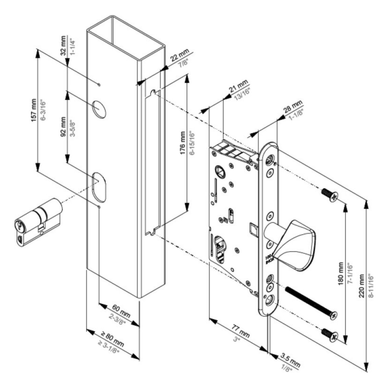 Maßzeichnung Locinox EIGHTYLOCK-LS: Dornmaß 60 mm, Stulp 220 x 28 mm, UNIWING-Ausschnitt 22 x 176 mm