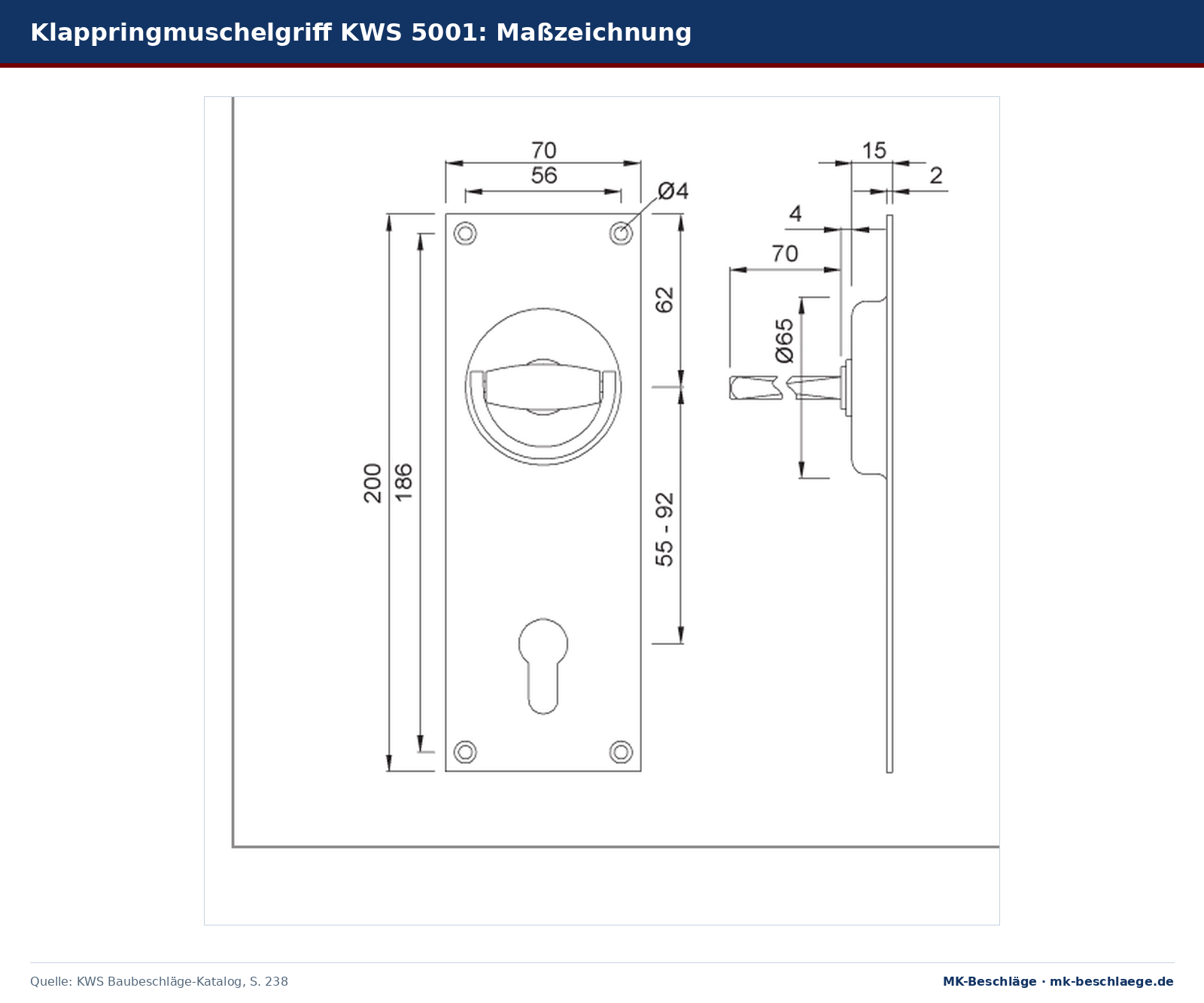 Maßzeichnung Klappringmuschelgriff KWS 5001 mit Profilzylinderlochung