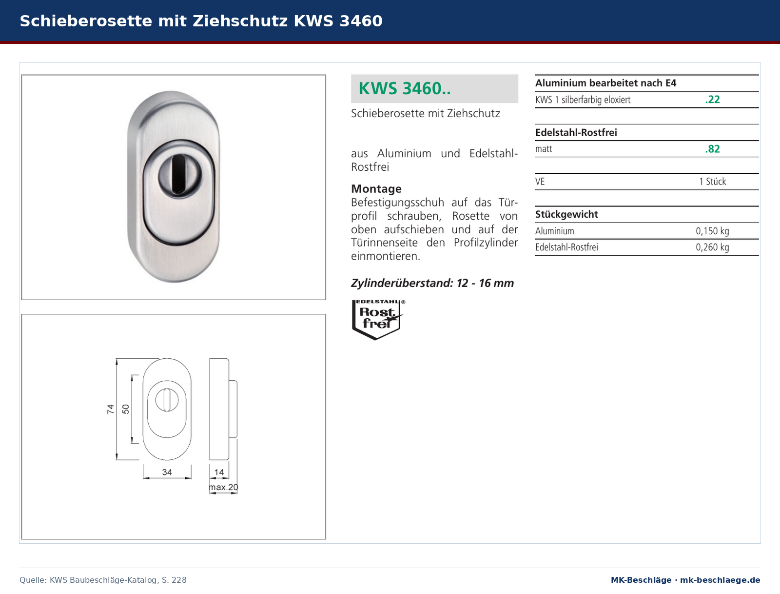 KWS 3460 Schieberosette mit Ziehschutz, Produktfoto und Maßzeichnung