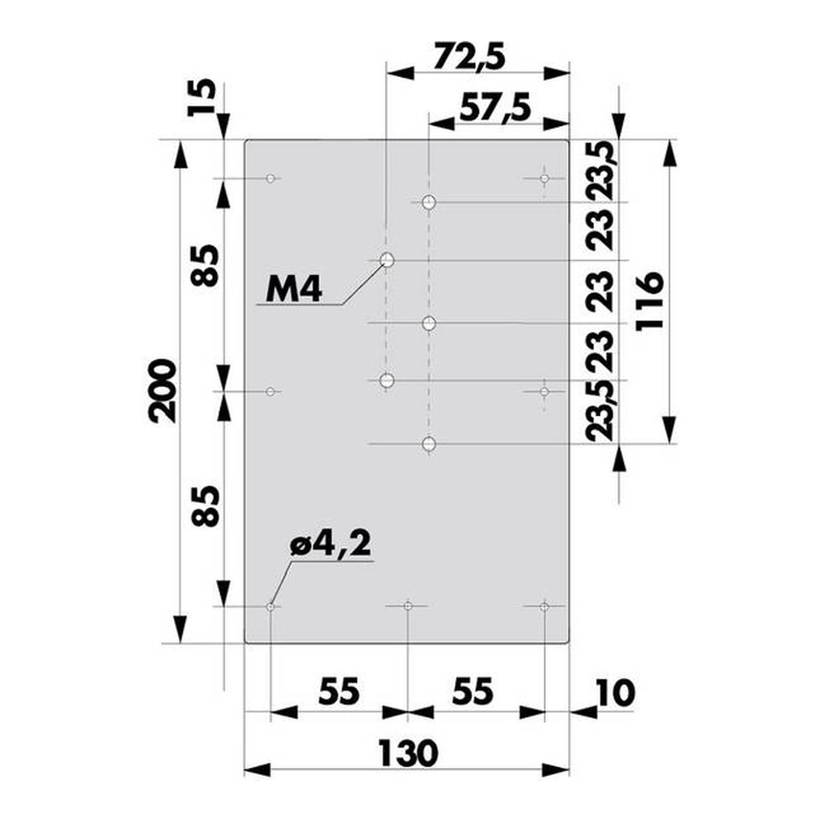 Maßzeichnung Dictator Montageplatte 205213 für Türdämpfer H 1300, 130 x 200 mm