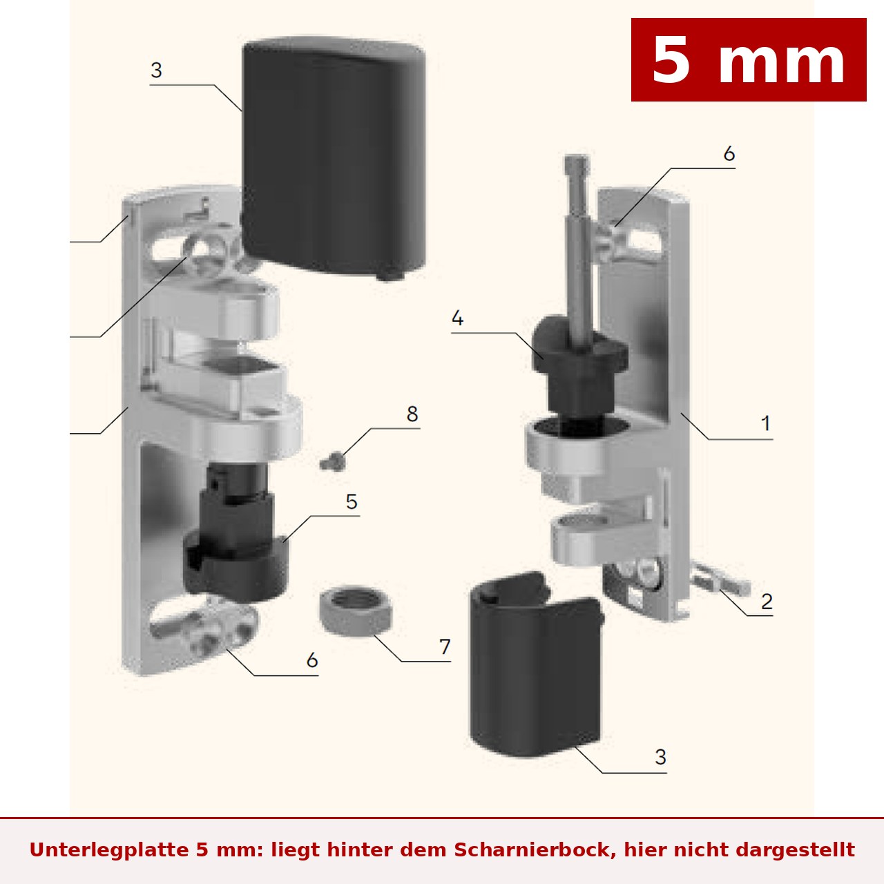Explosionsdarstellung STUV VARIOFLEX2 mit dem Hinweis, dass die Unterlegplatte 5 mm hinter dem Scharnierbock zwischen Bock und Tür oder Rahmen liegt und in der Herstellerzeichnung nicht dargestellt ist