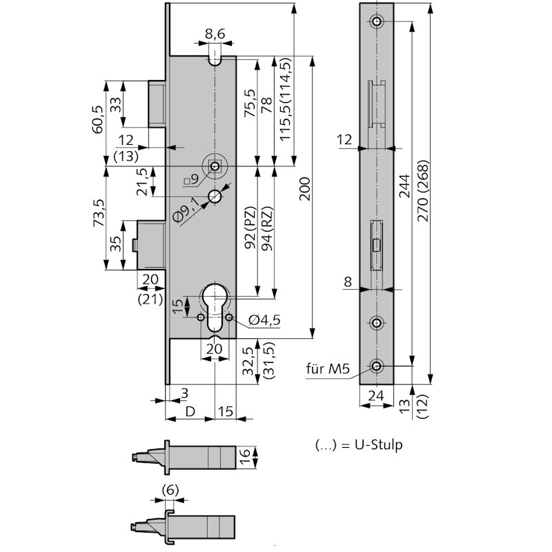 Panik-Einsteckschloss, Funktion B, 2-flg. Türen