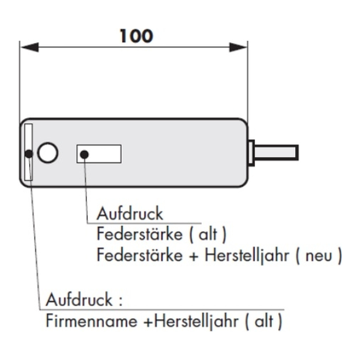 Zeichnung Dictator Ersatzzylinder Typ B, 100 mm, mit Aufdruck der Federstärke