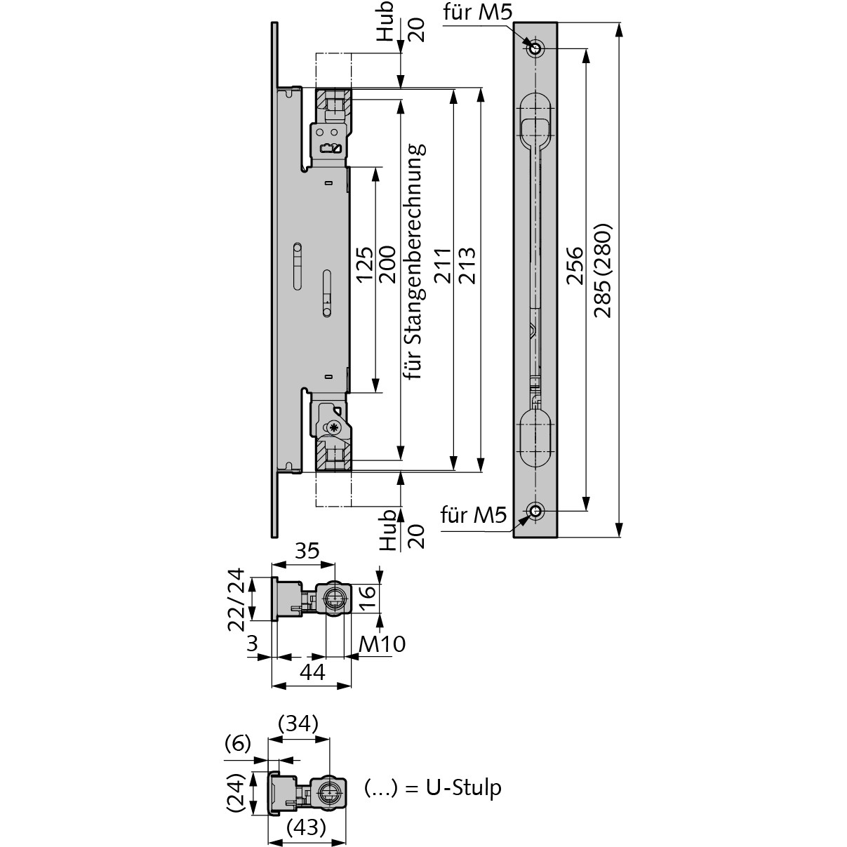 WSS Kantriegel VARIO LINE Maßzeichnung: Hub 20 mm, Stulp 22 x 3 mm, Dornmaß 44 mm