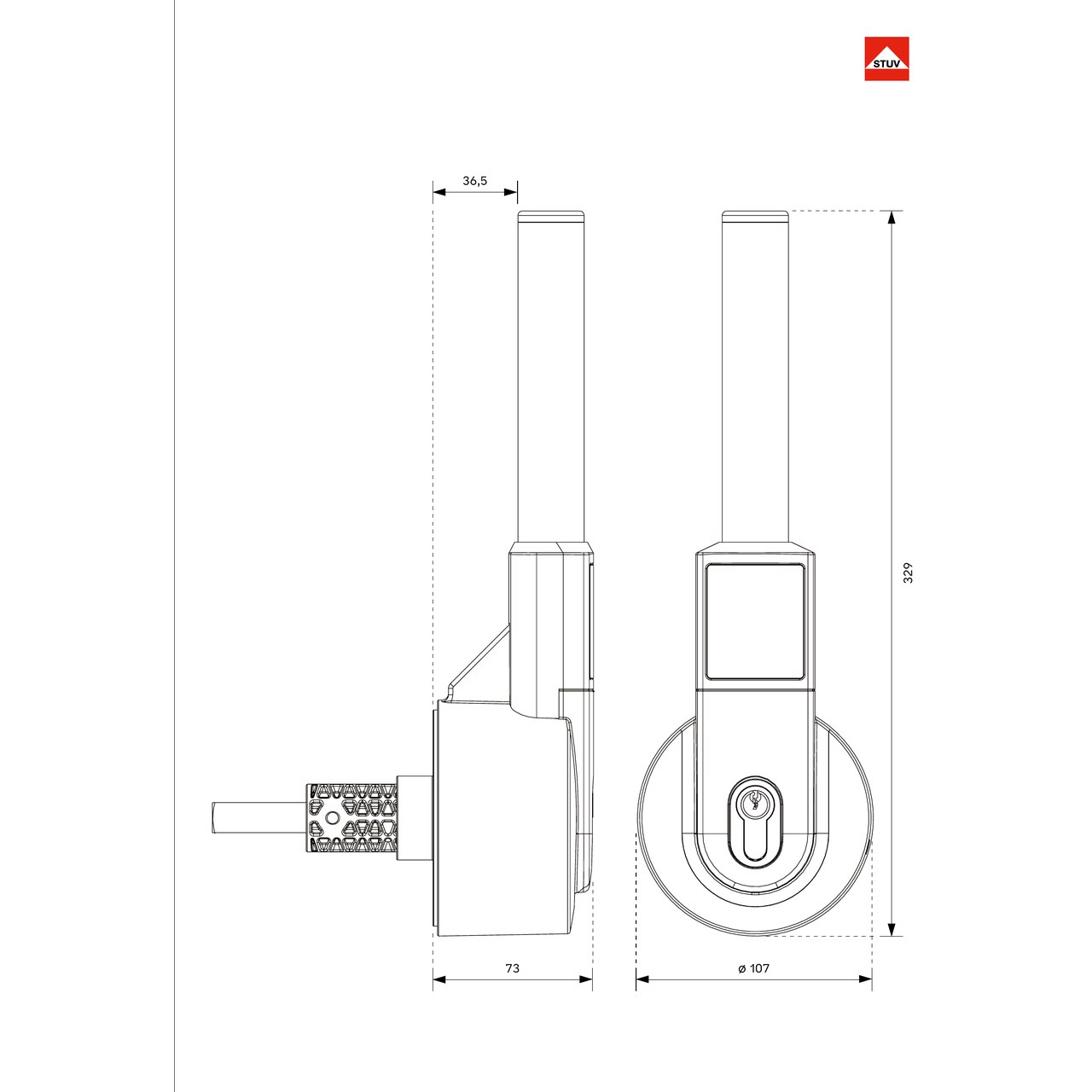 Maßzeichnung STUV VARILOX Außengriff mit Edelstahlrohr: 329 mm hoch, Rosette ø 107 mm, 73 mm tief, Rohrabstand 36,5 mm