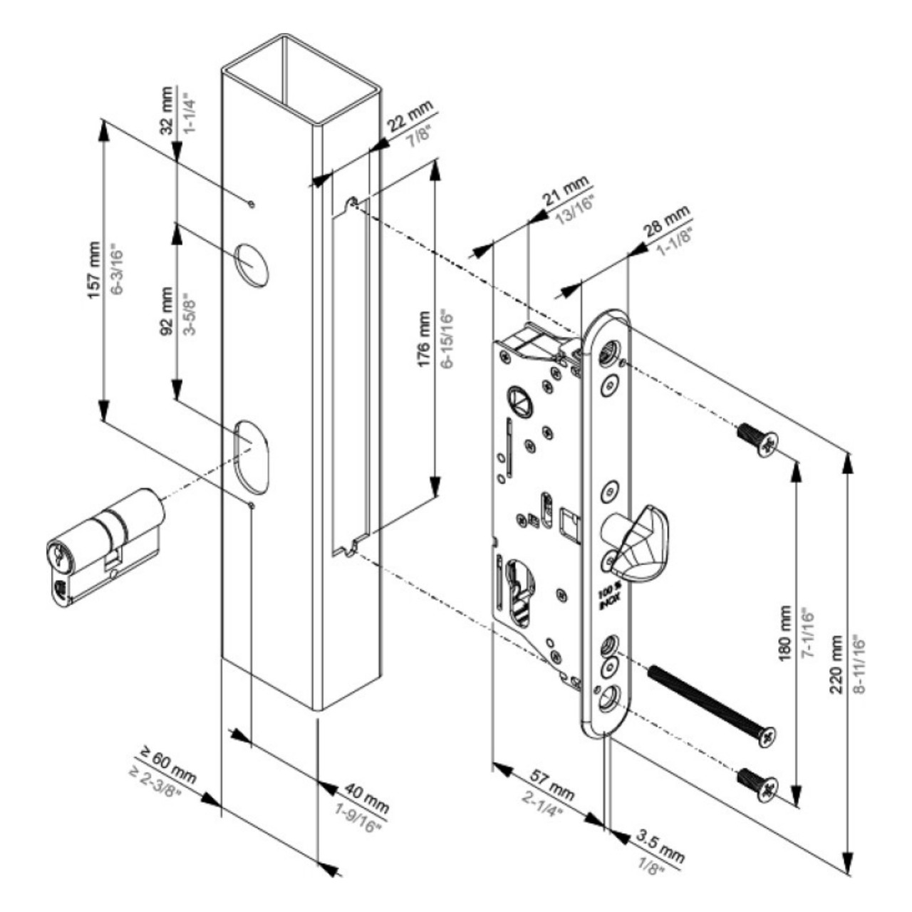 Maßzeichnung Locinox SIXTYLOCK-S: Dornmaß 40 mm, Kastentiefe 57 mm, UNIWING-Ausschnitt 22 x 176 mm