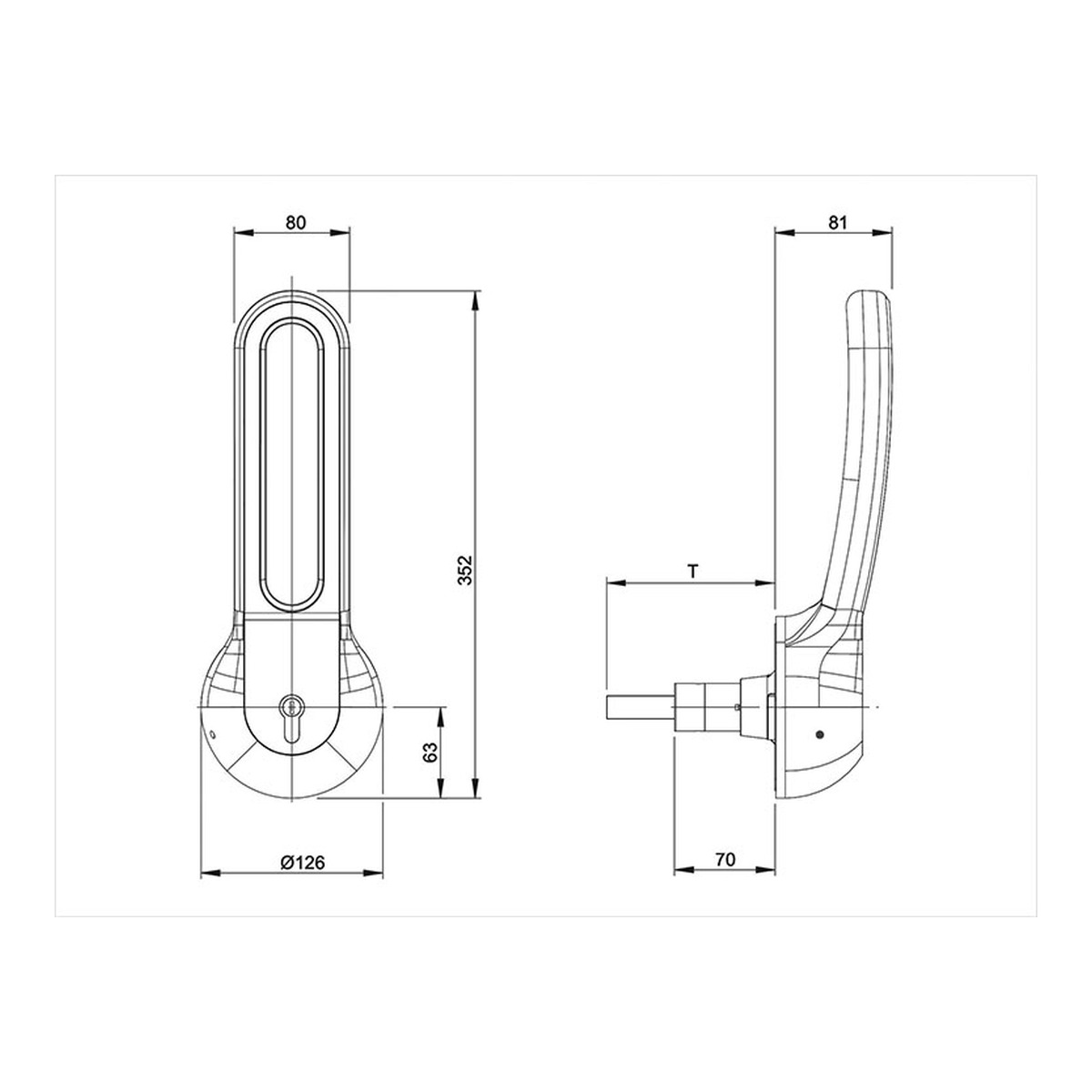 Maßzeichnung Rahrbach 7501 VITRO Außenhebel: 352 mm hoch, 80 mm breit, Rosette Ø 126 mm, Ausladung 81 mm, T = Türstärke