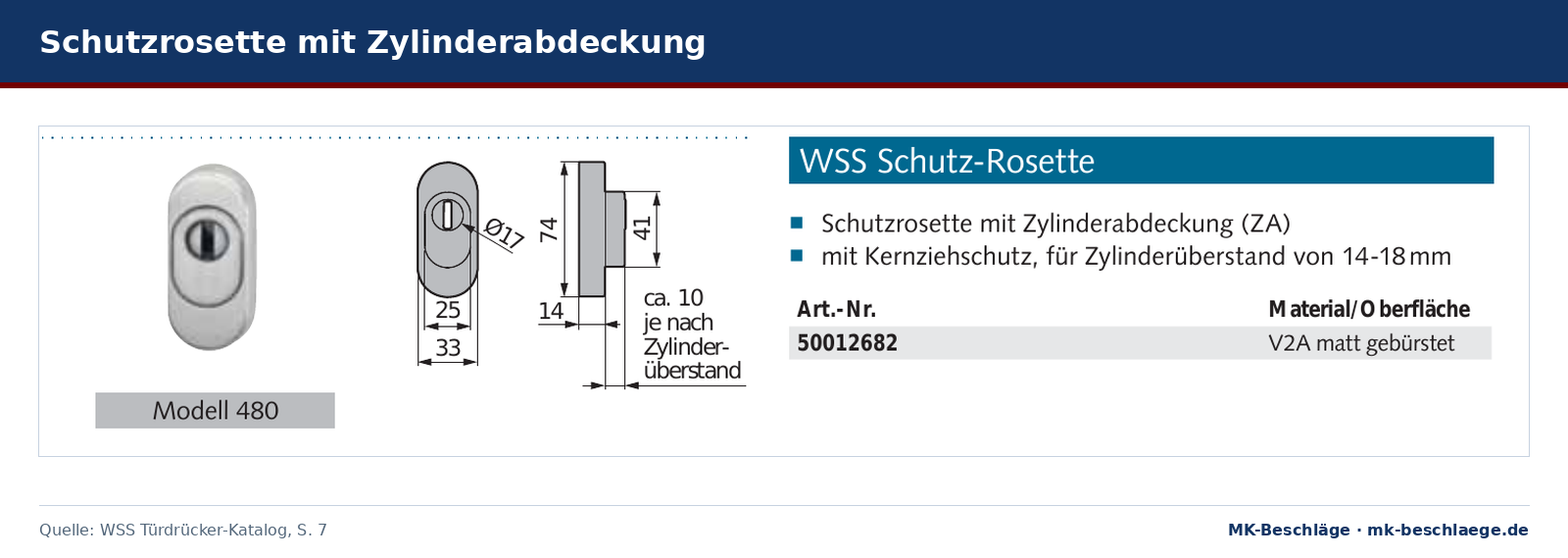 WSS Schutzrosette Modell 480 mit Zylinderabdeckung und Kernziehschutz, Foto und Maßzeichnung