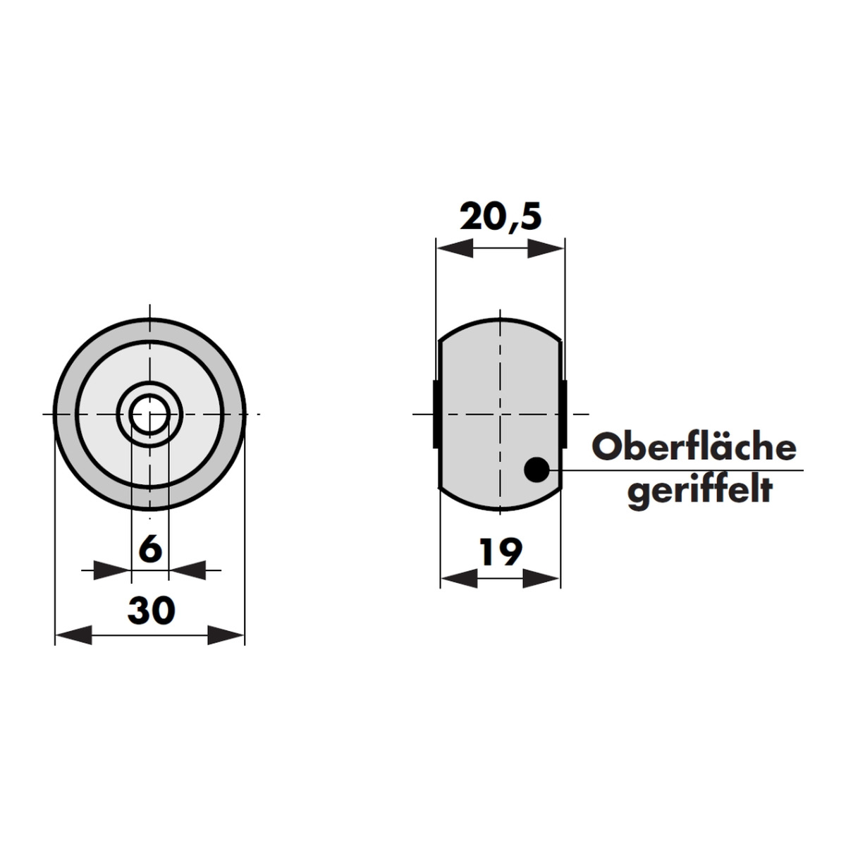 Maßzeichnung Dictator Rolle 205154 für Türdämpfer, Durchmesser 30 mm