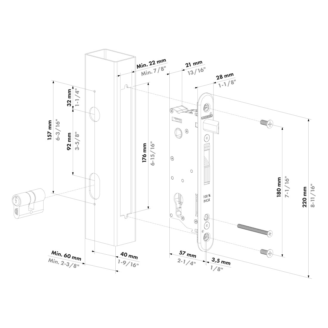 Maßzeichnung Locinox SIXTYLOCK mit Abmessungen