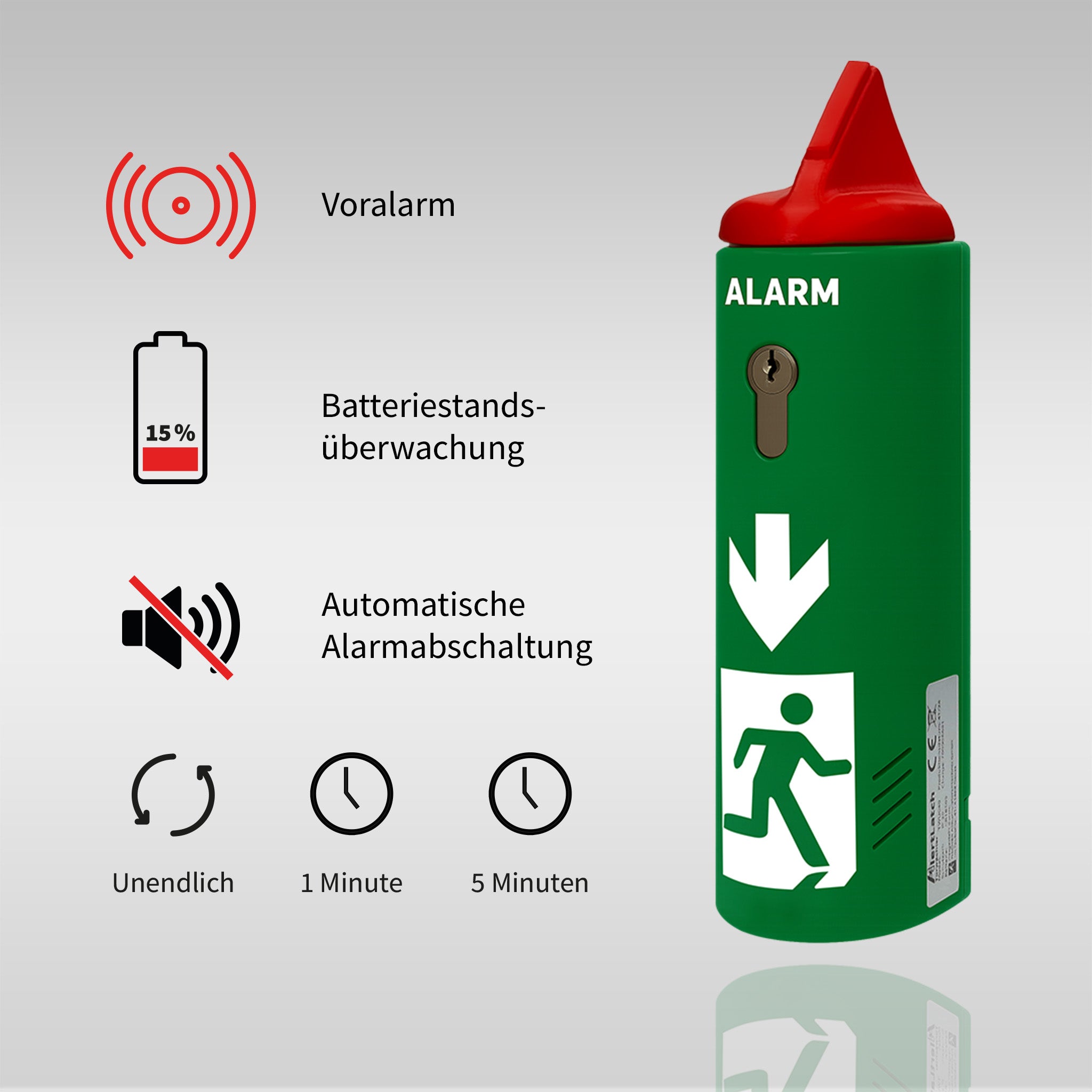 Einhand-Türwächter mit Voralarm für Panikstangen - Gleichschließender Zylinder - AlertLatch TWU330
