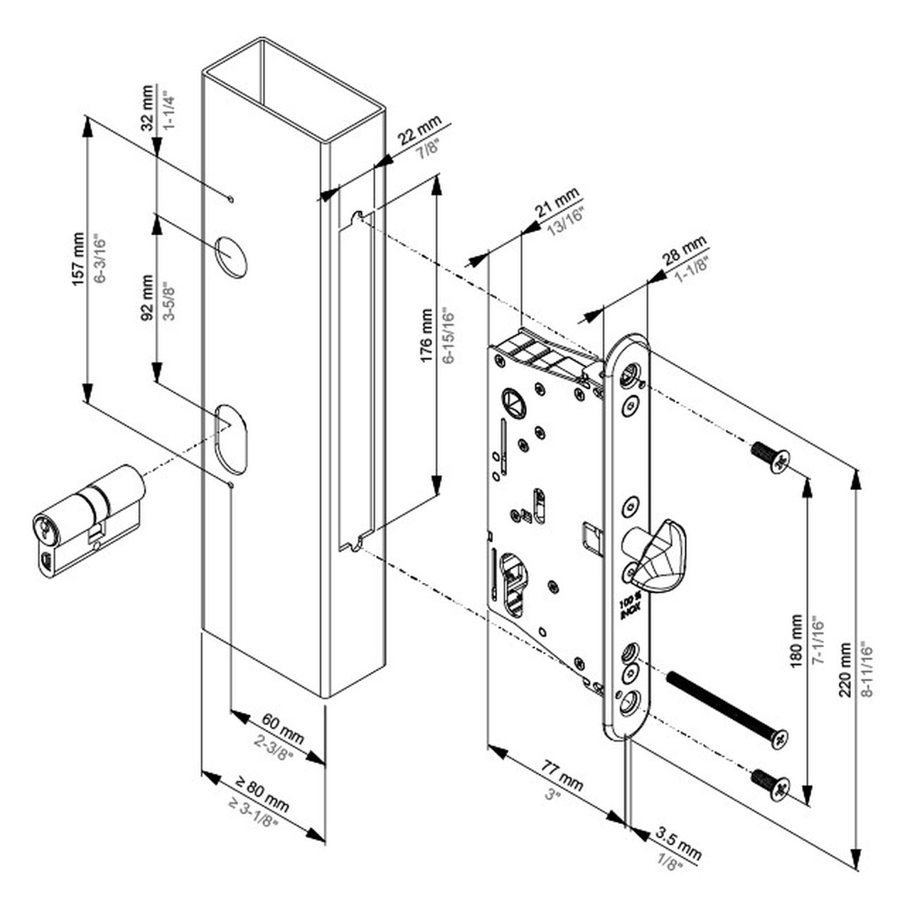 Maßzeichnung Locinox EIGHTYLOCK-S: Dornmaß 60 mm, Stulp 220 x 28 mm, UNIWING-Ausschnitt 22 x 176 mm